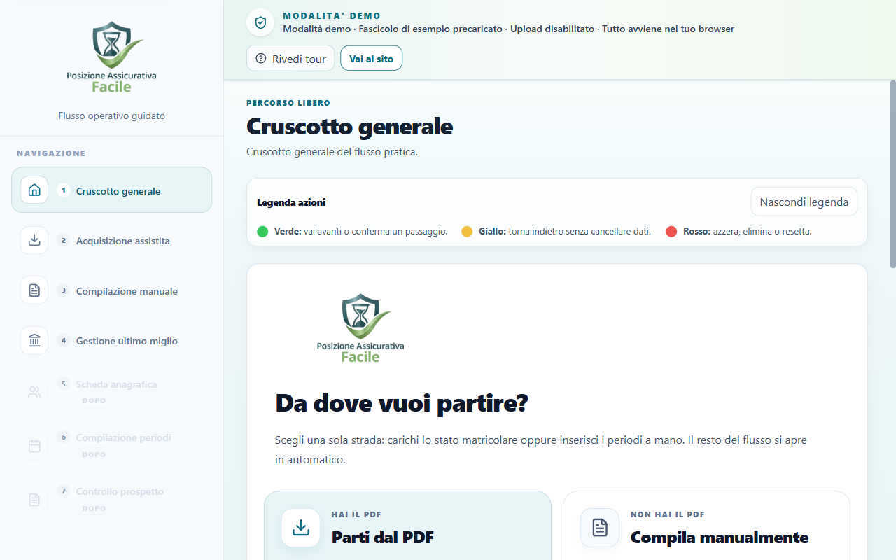 Cruscotto della demo con fascicolo dimostrativo precaricato: anagrafica fittizia e periodi di esempio