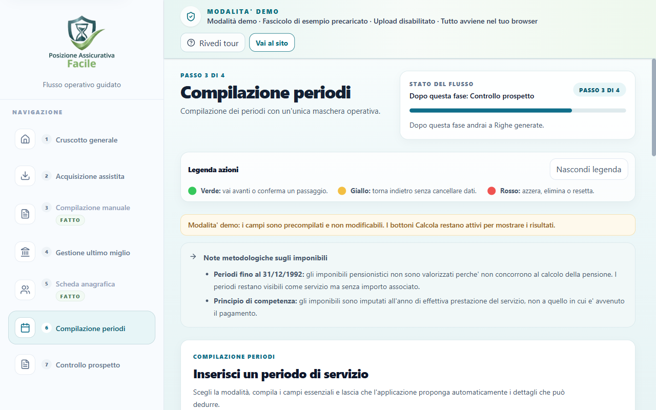Vista dei periodi della demo con segnalazioni automatiche di sovrapposizioni o anomalie leggere