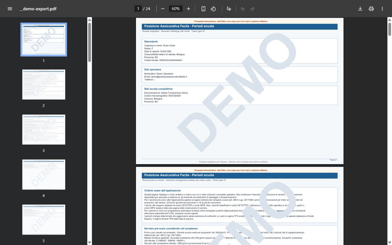 Anteprima del PDF esportato dalla demo, con filigrana DEMO sovrapposta a ogni pagina